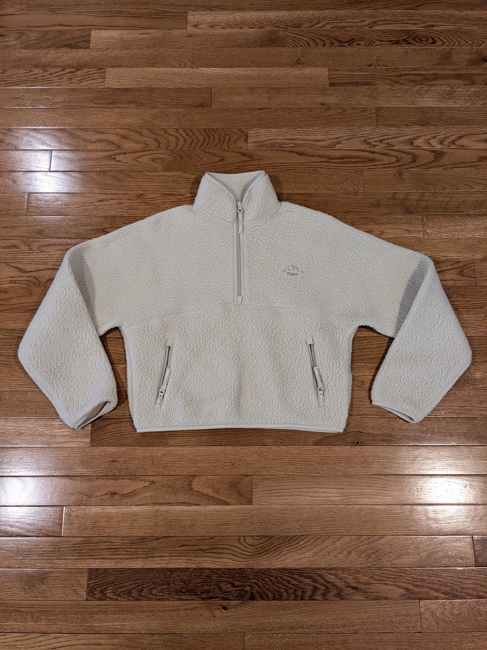 Aritzia TNA Polar Fleece Quarter Zip Crop Pullover Cream Mountain Logo XS